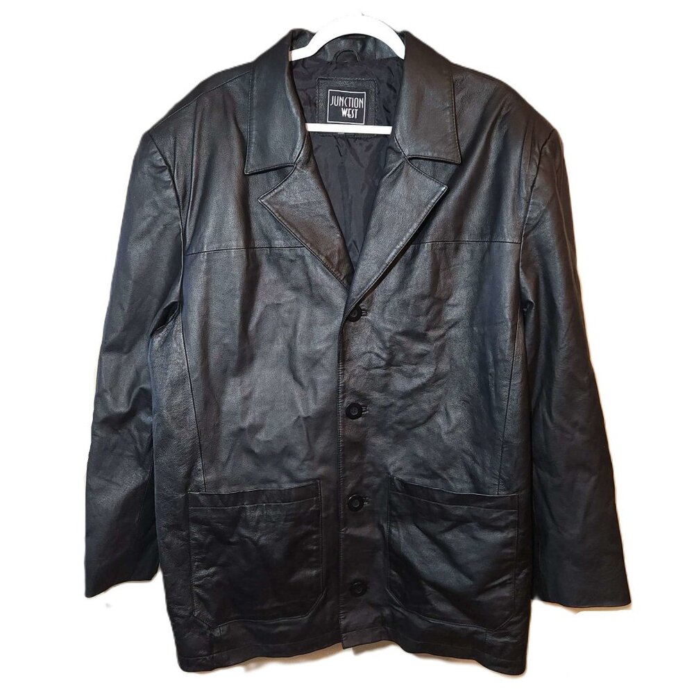 Junction West 100% leather jacket Men's large Black lined Winter fall Buttons